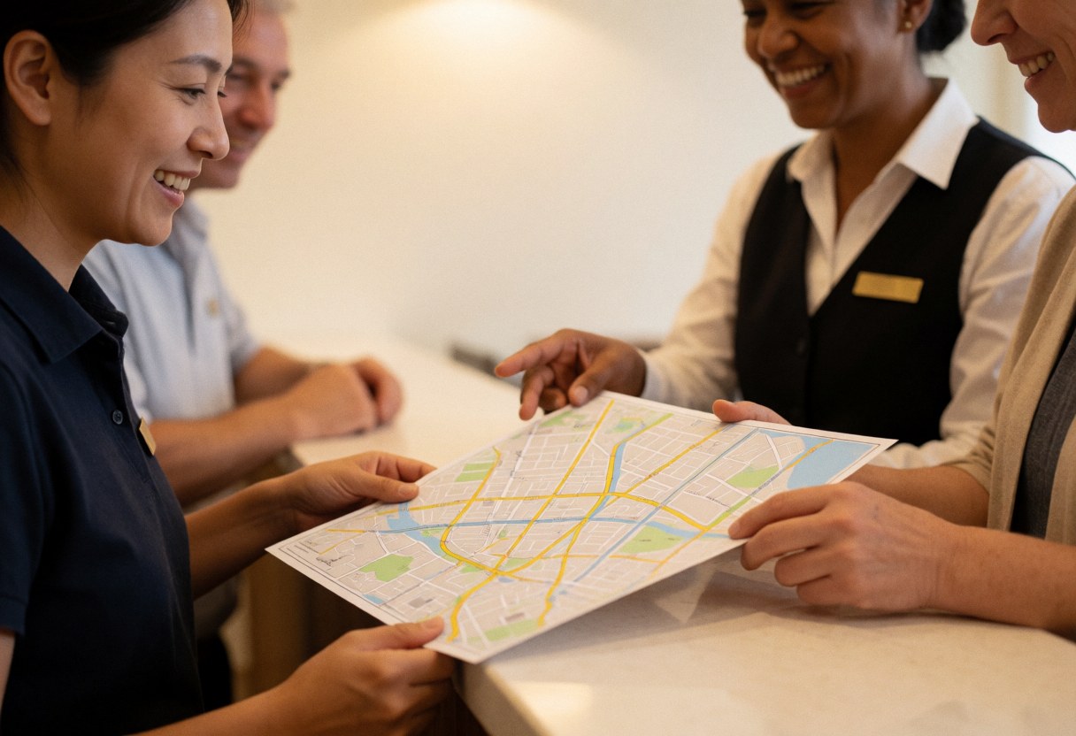 Réceptionniste d'hôtel présentant une carte de la ville aux clients. Sourires, ambiance chaleureuse et interaction réaliste à la réception.