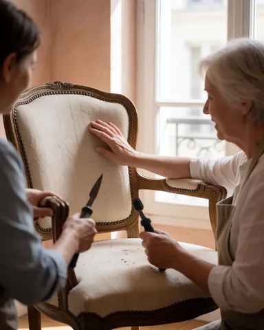 Une femme âgée touche avec affection une chaise vintage pendant qu'une professionnelle la restaure avec des outils. Lumière naturelle par la fenêtre. Intérieur d'appartement.