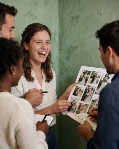 Une mariée sourit en examinant des photos de mariage sur un tableau d'inspiration, accompagnée de professionnels dans un studio aux murs verts.