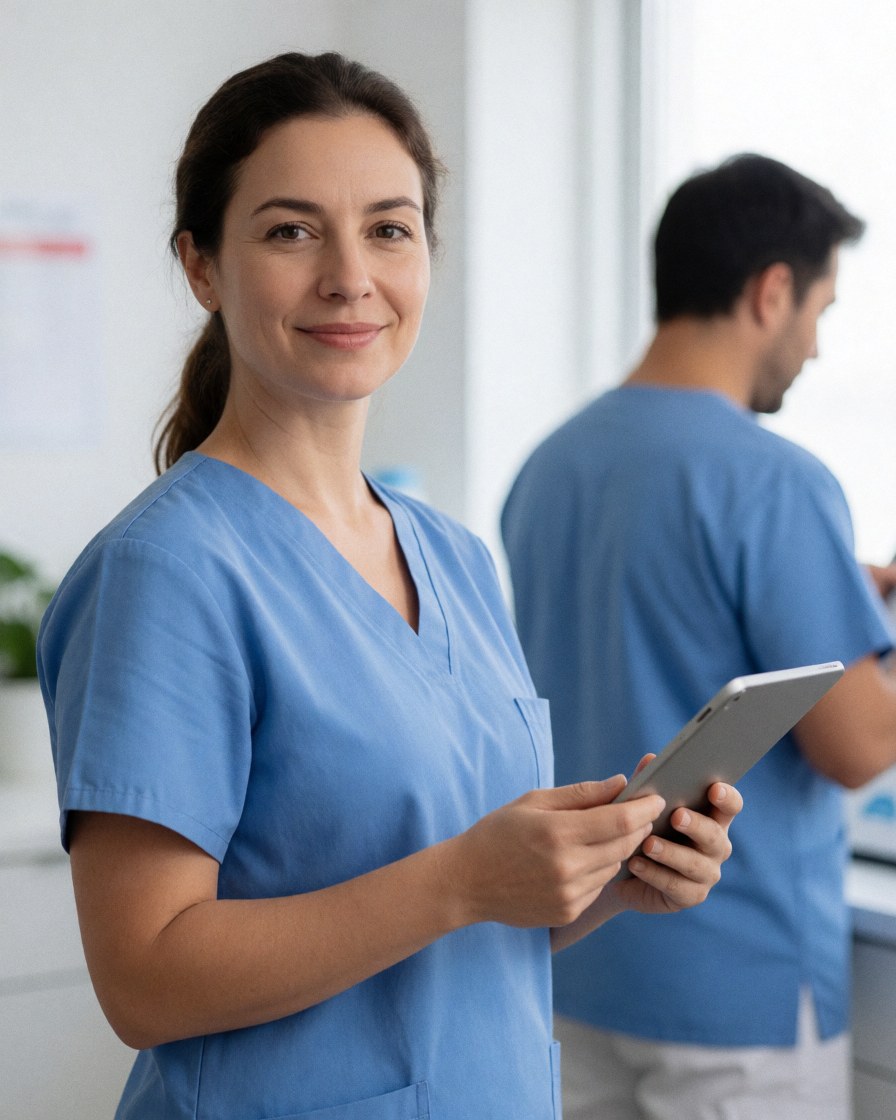 Une infirmière en uniforme bleu tient une tablette dans une clinique moderne. Un homme est visible de dos en arrière-plan.
