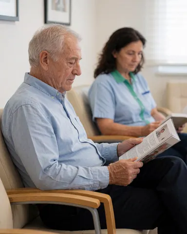 Une personne âgée assise tranquillement lit un magazine dans une clinique médicale.
