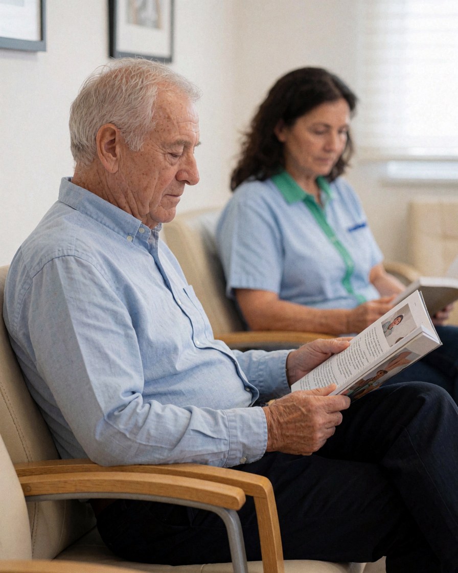 Une personne âgée assise tranquillement lit un magazine dans une clinique médicale.