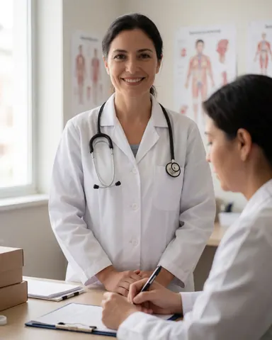 Docteure en blouse blanche tenant un stéthoscope, discutant avec un patient dans un bureau médical équipé de posters anatomiques.