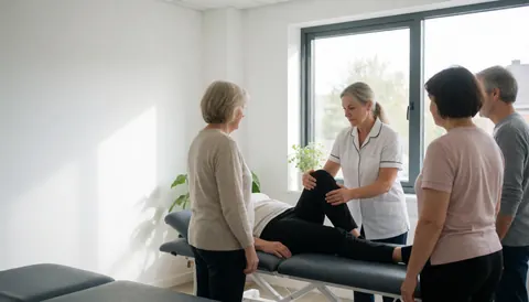 Un thérapeute effectue un traitement de physiothérapie sur la jambe d'un patient allongé sur une table, dans un environnement lumineux et moderne avec des plantes.