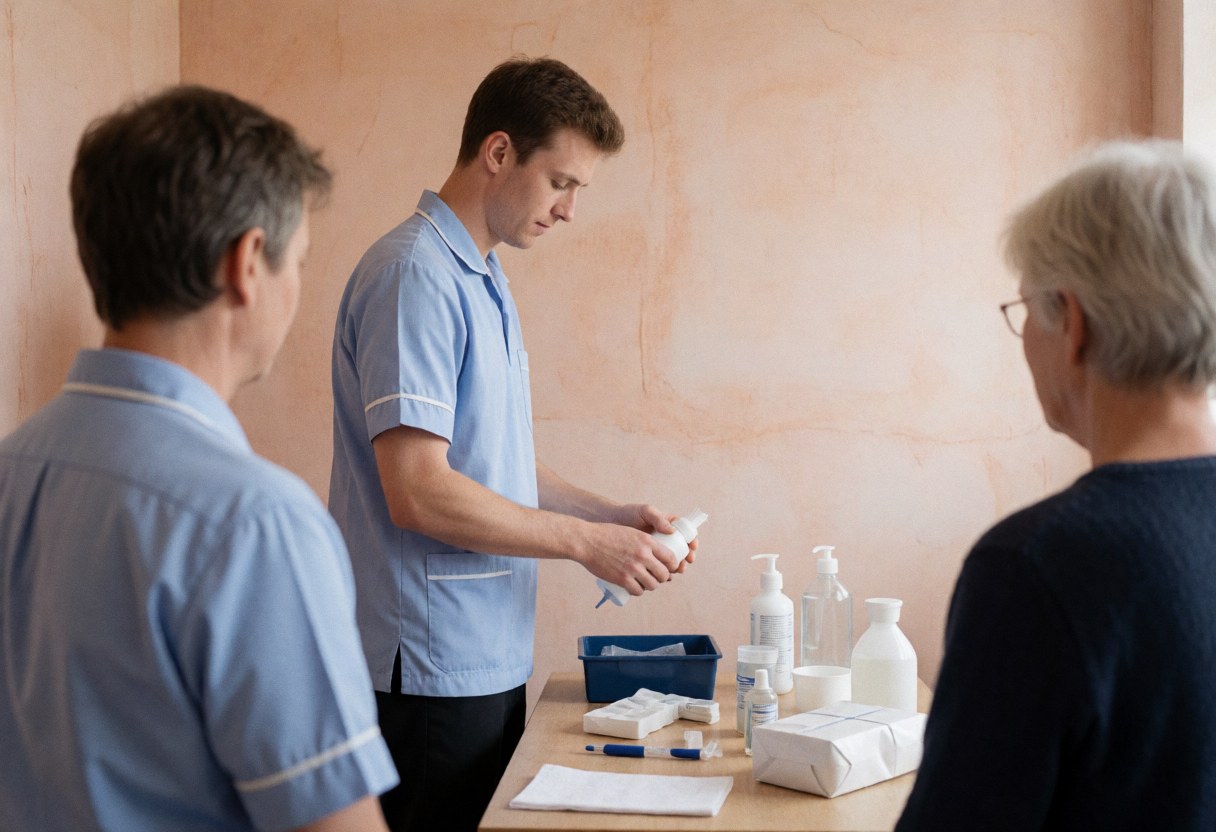 Un physiothérapeute prépare du gel et un appareil à ultrasons dans une clinique, tandis que deux patients observent depuis les côtés.