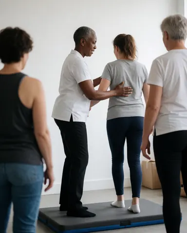 Un kinésithérapeute aide un patient à maintenir son équilibre sur une couverture dans une salle de sport, tandis que d'autres personnes observent la séance.