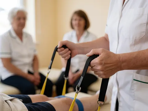 Un kinésithérapeute utilise des bandes élastiques pour traiter la jambe d'un patient dans un cabinet professionnel, avec deux personnes assises en arrière-plan.