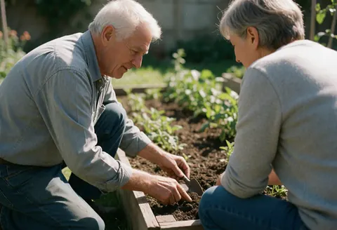 Un jardinier et une cliente manipulent la terre et des jeunes plants sous le soleil, dans une scène naturelle de travail paysager.