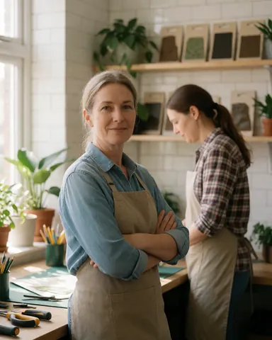 Une femme professionnelle travaille dans son bureau de design de jardins, entourée de plantes et d'outils, dans un espace lumineux et organisé.
