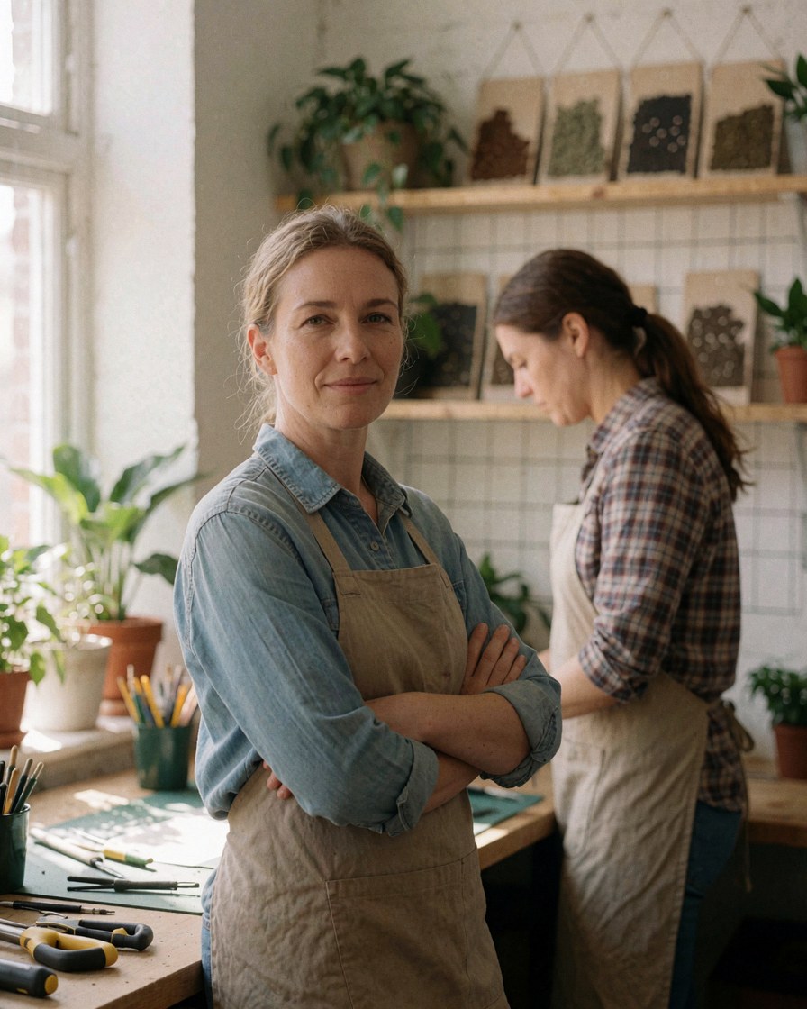 Une femme professionnelle travaille dans son bureau de design de jardins, entourée de plantes et d'outils, dans un espace lumineux et organisé.