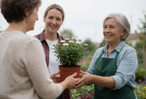 Une jardinière souriante remet une plante en pot à une cliente dans un jardin, tandis qu'une autre femme observe la scène.