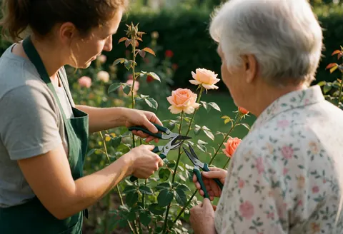 Une jardinière en tablier vert coupe une rose avec des sécateurs pendant qu'une cliente observe attentivement dans un jardin.