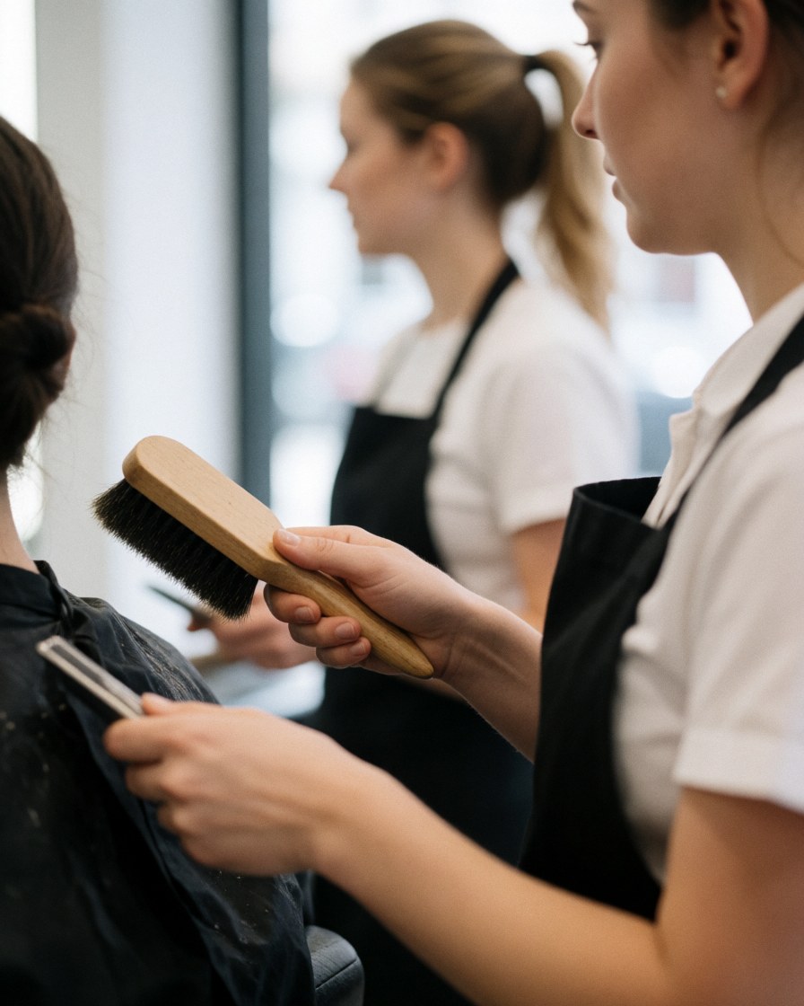 Une coiffeuse professionnelle travaille avec une brosse dans un salon moderne éclairé par la lumière naturelle, avec des outils visibles et une ambiance de travail réaliste.