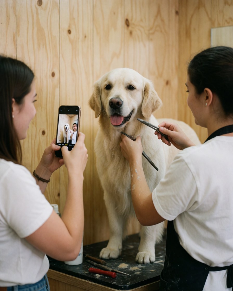 Une groomer coupe les poils d'un chien pendant qu'une cliente prend une photo avec son téléphone dans un salon lumineux aux murs clairs.