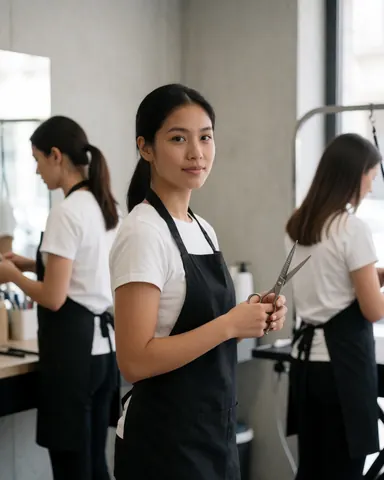 Jeune coiffeuse tenant des ciseaux dans un salon de beauté moderne avec des murs en béton et d'autres coiffeuses travaillant en arrière-plan.