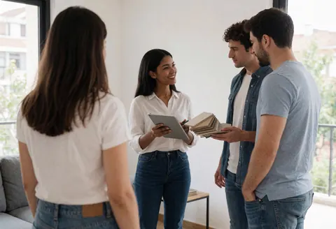 Une designer intérieure montre des échantillons de revêtements de sol à un couple dans un salon moderne, utilisant une tablette et des matériaux.