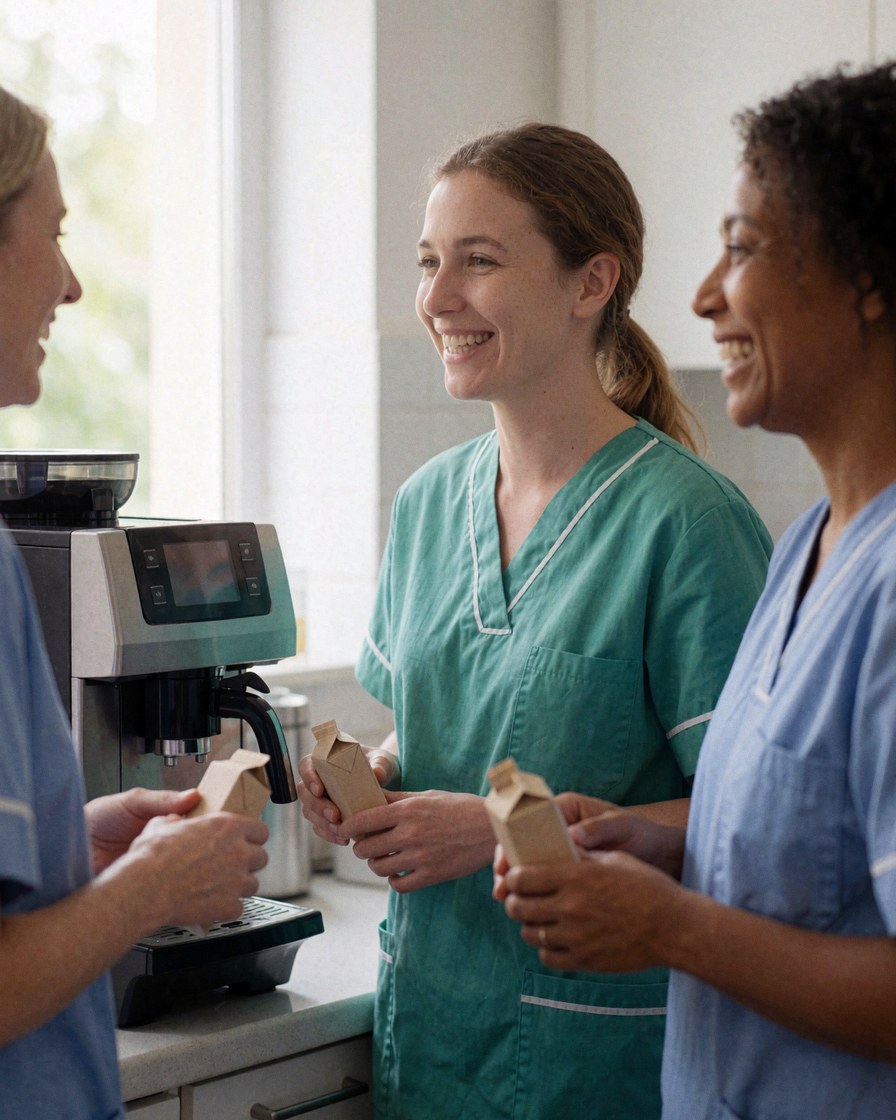 Trois infirmières souriantes dans une clinique, près d'une machine à café et de cartons de lait, profitant d'une pause relaxante.