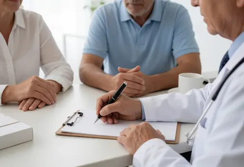 Médecin prenant des notes sur une tablette tout en consultant des patients dans un bureau médical professionnel.
