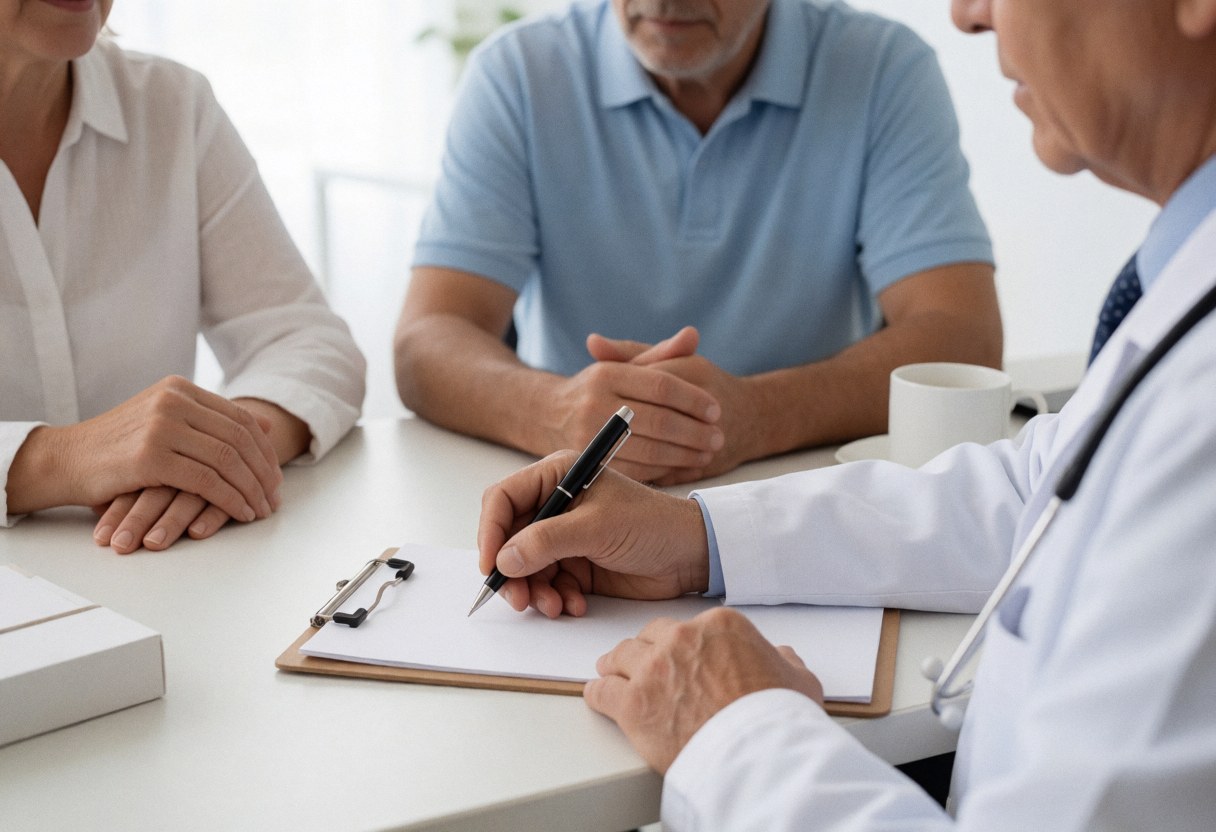 Médecin prenant des notes sur une tablette tout en consultant des patients dans un bureau médical professionnel.