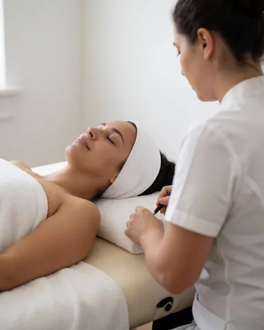 Une praticienne applique un traitement facial à une cliente allongée sur une table de massage, entourée de serviettes blanches dans un cadre apaisant.
