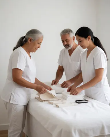 Un thérapeute arrange soigneusement son poste de travail, préparant le matériel nécessaire pour une séance de massage dans un environnement professionnel.