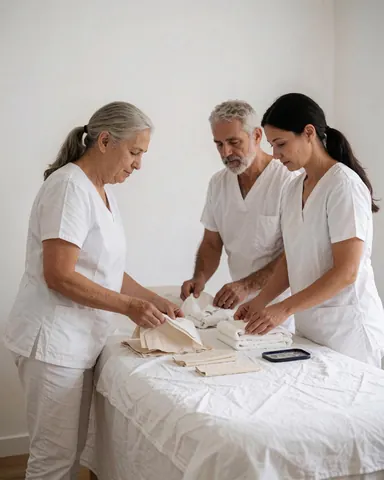 Un thérapeute arrange soigneusement son poste de travail, préparant le matériel nécessaire pour une séance de massage dans un environnement professionnel.
