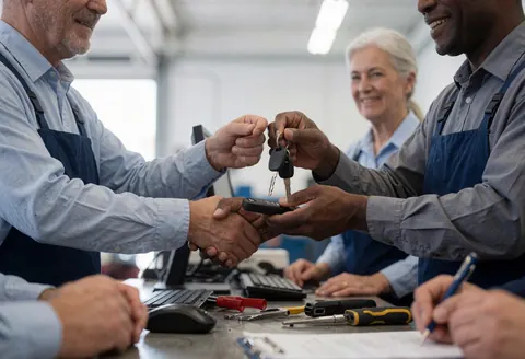 Un mécanicien en tenue de travail tend les clés de son véhicule à un client dans un atelier automobile propre et professionnel.