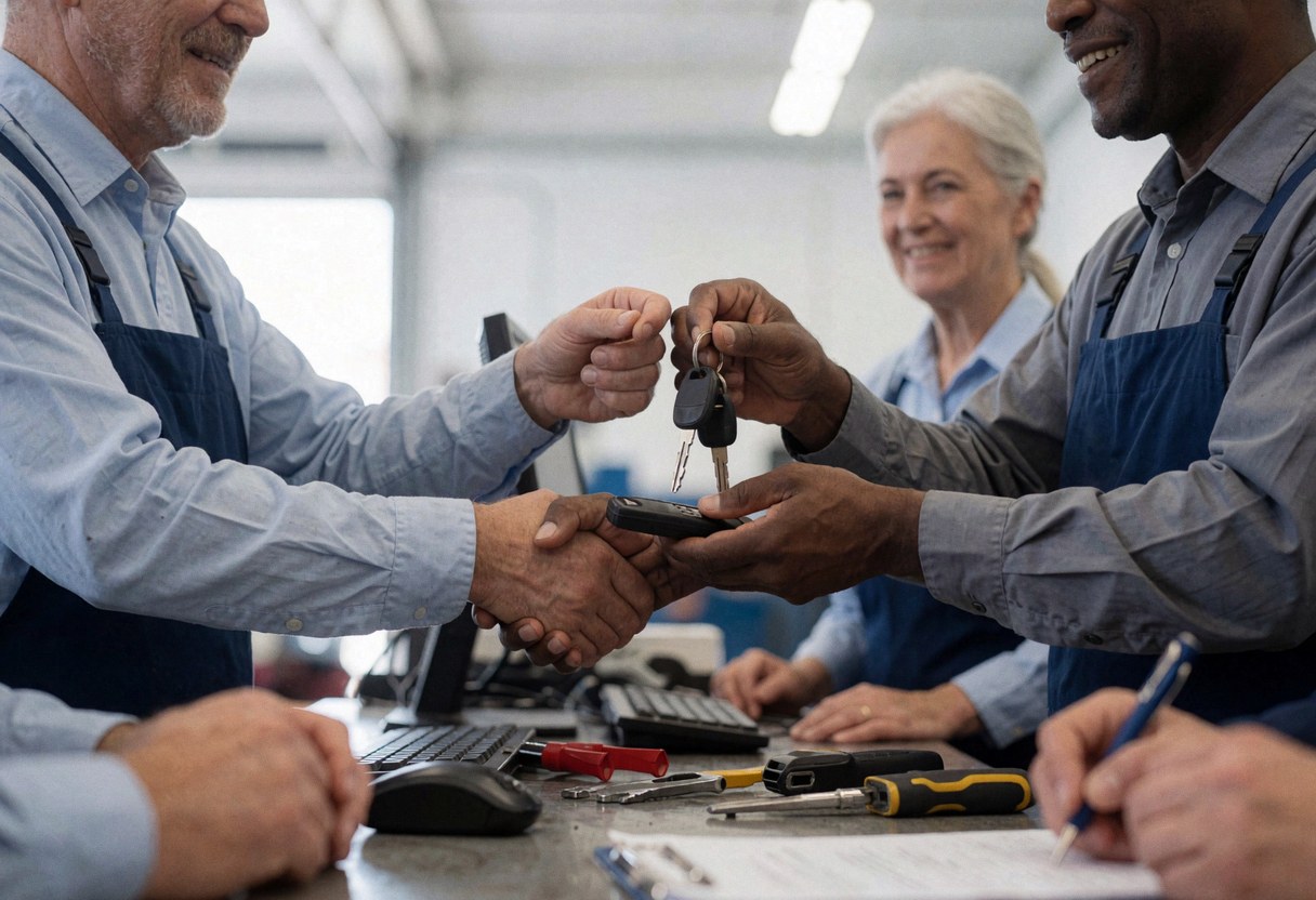 Un mécanicien en tenue de travail tend les clés de son véhicule à un client dans un atelier automobile propre et professionnel.