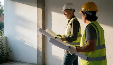 Deux architectes en tenue de sécurité vérifient des plans techniques sur un chantier, avec des ombres portées sur les murs en béton sous la lumière du soleil.