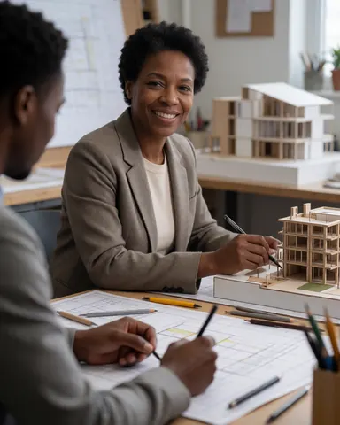 Une architecte et un architecte collaborent sur un modèle de construction et des plans dans un studio de design avec des outils et matériaux.
