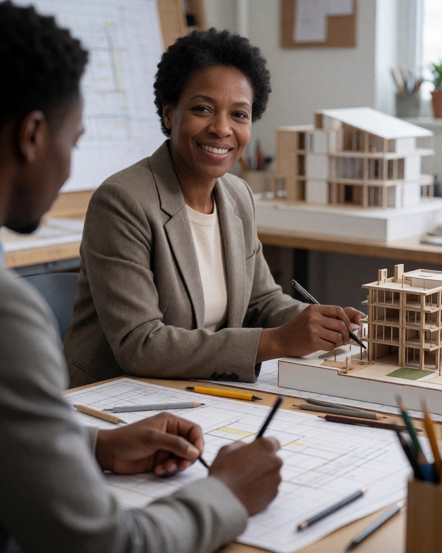 Une architecte et un architecte collaborent sur un modèle de construction et des plans dans un studio de design avec des outils et matériaux.
