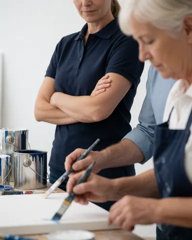 Une peintre professionnelle avec pinceau et pots de peinture, travaillant sur une toile blanche dans un atelier, tandis qu'une autre personne observe debout.