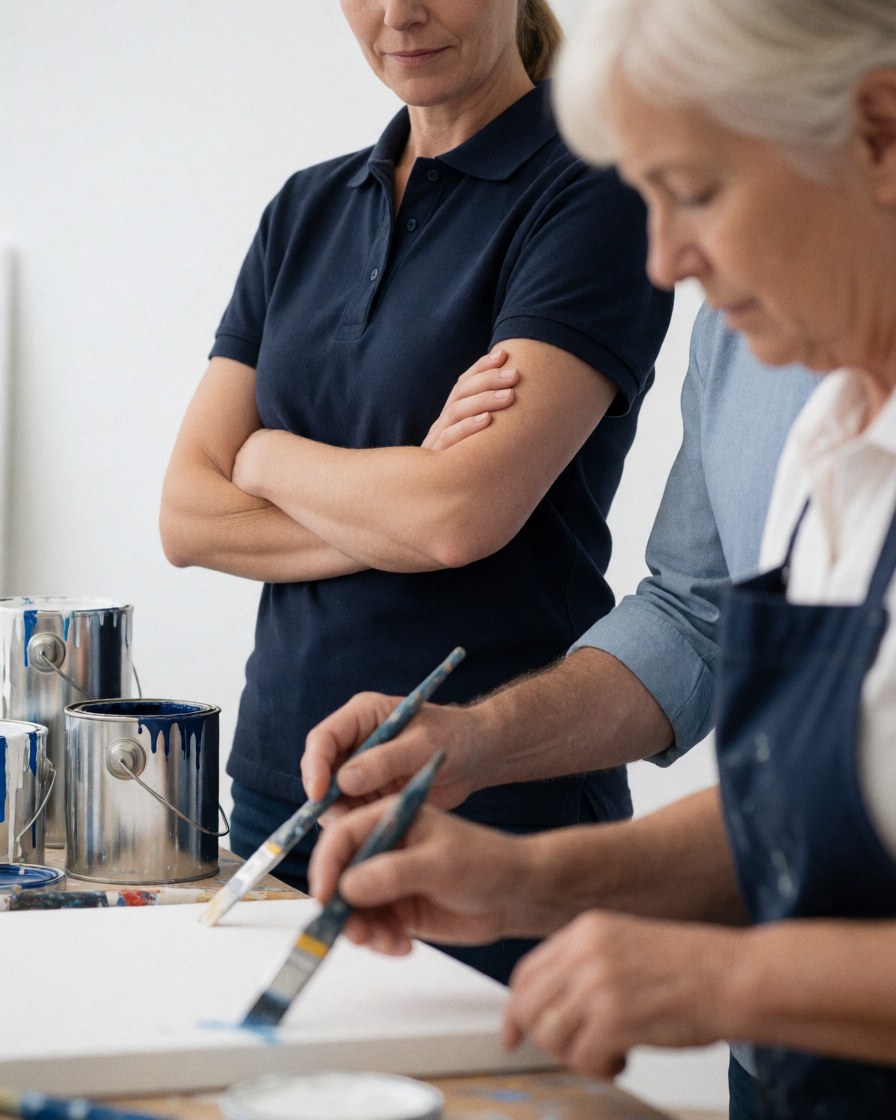 Une peintre professionnelle avec pinceau et pots de peinture, travaillant sur une toile blanche dans un atelier, tandis qu'une autre personne observe debout.