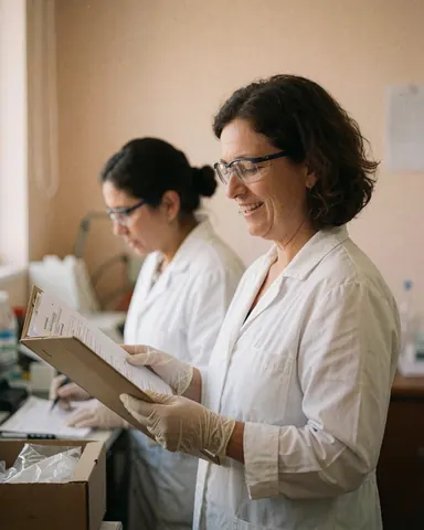 Deux professionnelles en blouse, gants et lunettes de sécurité consultent des documents dans un environnement clinique ; l'une sourit en tenant un dossier.
