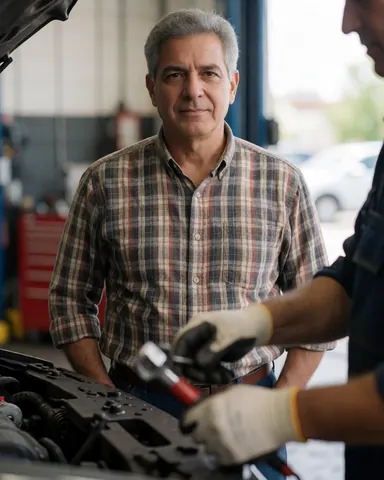 Un mécanicien professionnel travaille sur le moteur d'une voiture dans un atelier, équipé de gants et d'outils, sous une lumière naturelle.