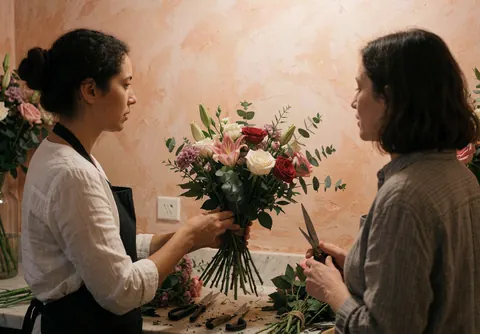 Une floriste et sa cliente travaillent ensemble sur la création d'un bouquet floral, entourées de ciseaux et d'outils sur un comptoir en terracotta.