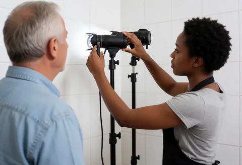 Une photographe professionnelle règle son équipement d'éclairage dans un studio tandis qu'un client patiente à ses côtés.