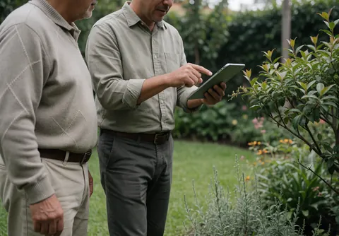 Un agent immobilier guide un client avec une tablette pour évaluer des propriétés résidentielles dans un jardin ensoleillé.