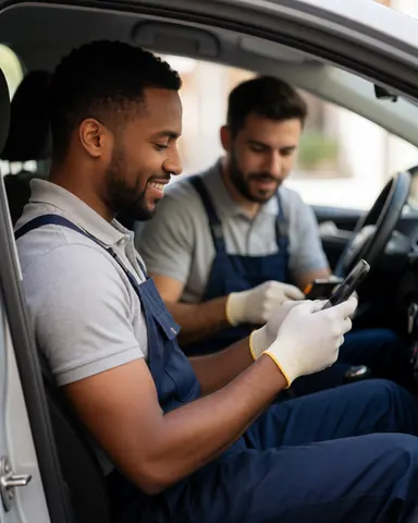 Un client souriant et relaxé assis à l'intérieur de son automobile, profitant d'un moment de calme après une réparation.