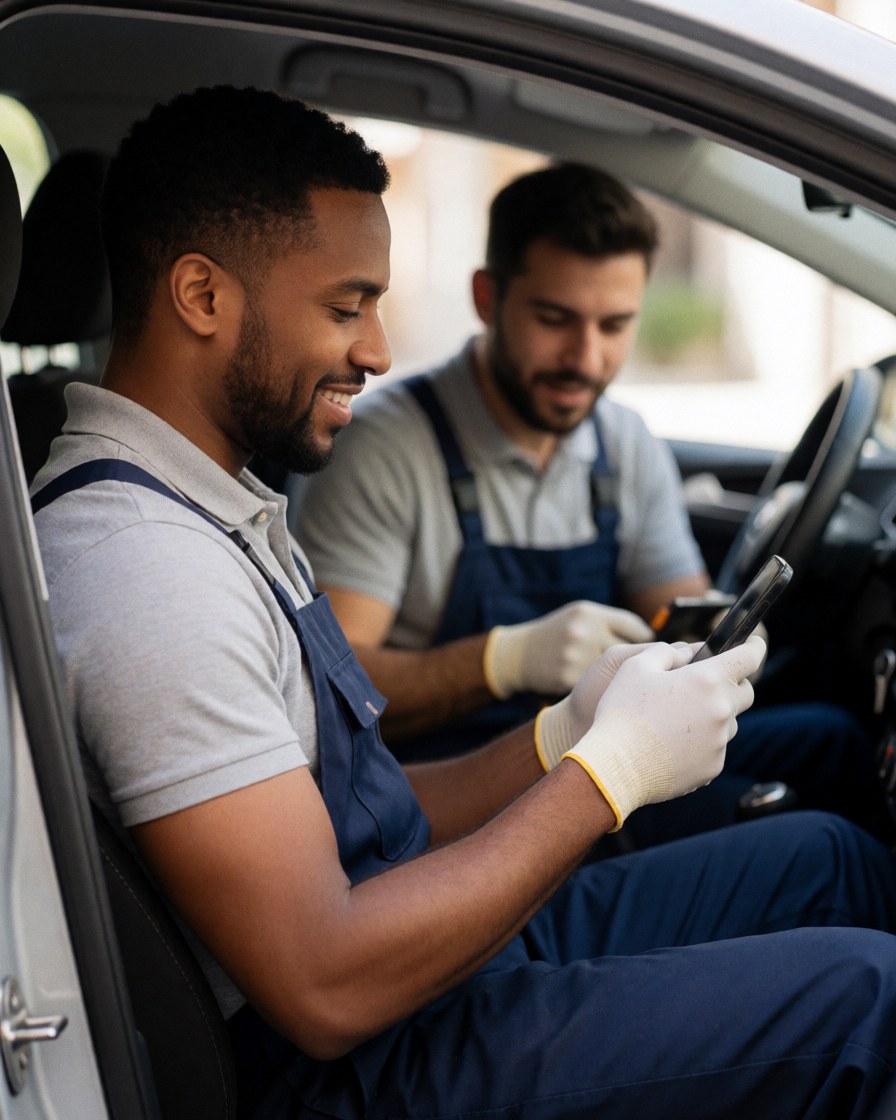 Un client souriant et relaxé assis à l'intérieur de son automobile, profitant d'un moment de calme après une réparation.