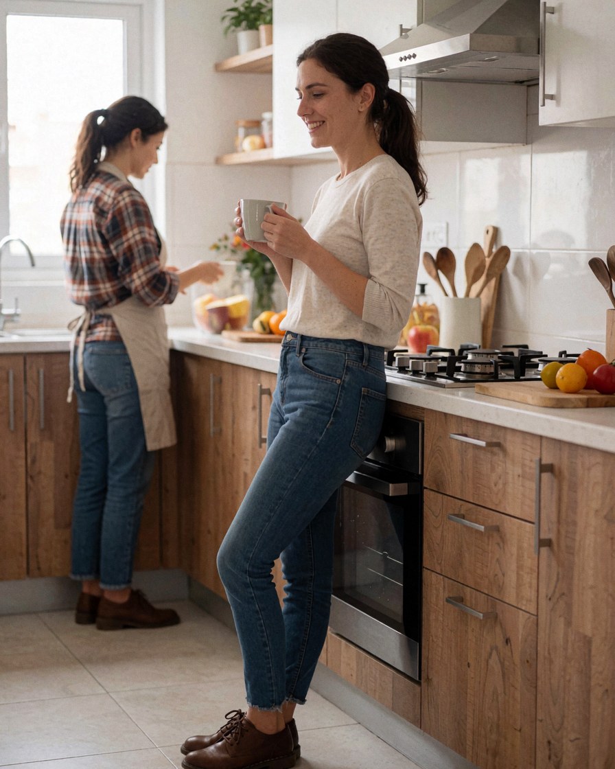 Une femme sourit dans une cuisine moderne avec des armoires en bois, un four, une cuisinière, une tasse de café, des pommes et des citrons.