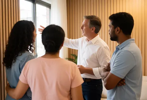 Un agent immobilier accompagne un couple lors d'une visite intérieure, montrant les détails du logement et l'espace lumineux.