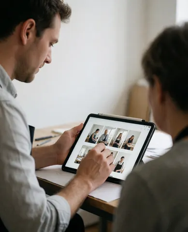 Un photographe et un client examinent ensemble des images sur une tablette dans un studio aux murs blancs, sous un éclairage doux, dans un cadre professionnel.