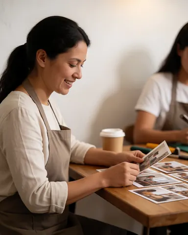 Une photographe souriante consulte des photographies imprimées posées sur une table en bois, accompagnée d'une tasse de café dans un espace lumineux aux murs blancs.