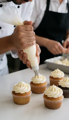 Vue rapprochée de la décoration de cupcakes avec du glaçage coloré et des détails précis pour une pâtisserie.