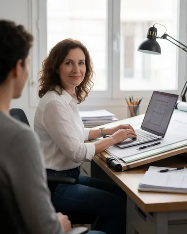 Une architecte travaille à son bureau avec un ordinateur portable, des plans et des outils de dessin, baignée de lumière naturelle.