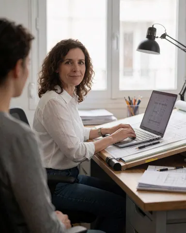 Une architecte travaille à son bureau avec un ordinateur portable, des plans et des outils de dessin, baignée de lumière naturelle.