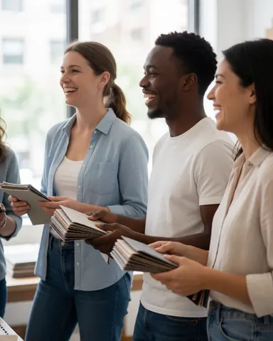 Trois professionnels souriants discutent dans un showroom en tenant des echantillons de tissu, baignes par la lumiere naturelle provenant de grandes fenetres.