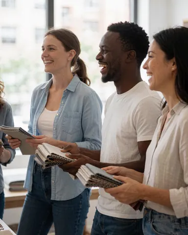 Trois professionnels souriants discutent dans un showroom en tenant des echantillons de tissu, baignes par la lumiere naturelle provenant de grandes fenetres.