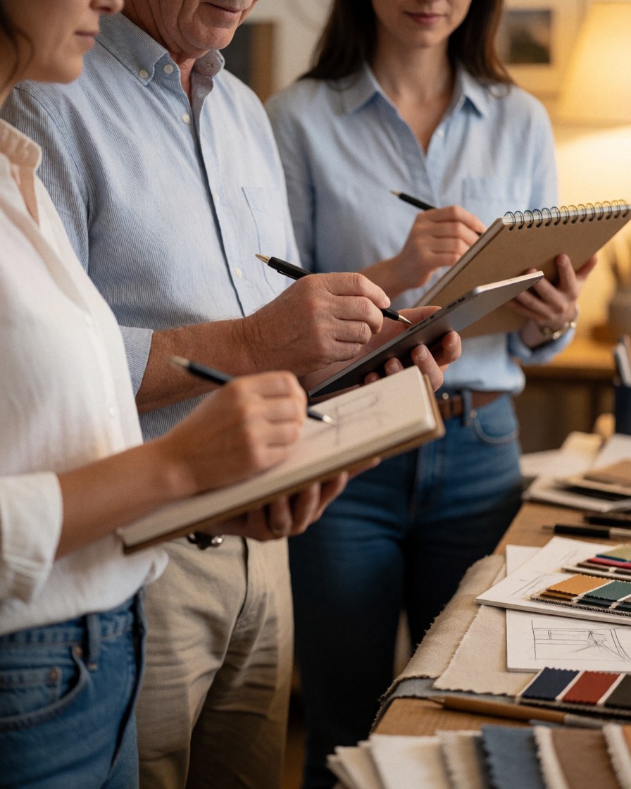 Trois professionnels du design intérieur collaborent dans un atelier lumineux, utilisant tablettes et carnets, entourés d'échantillons de tissus et de couleurs.